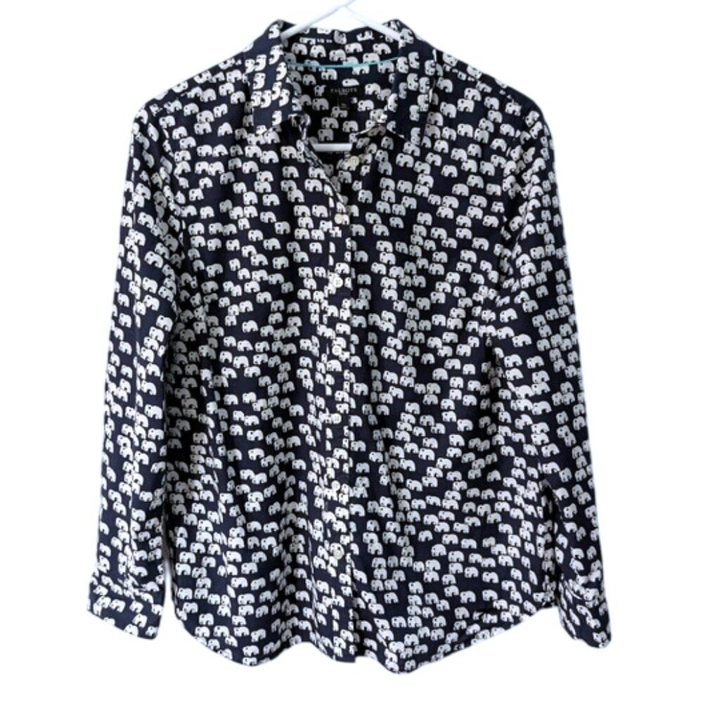 Talbots 100% Cotton Navy Elephant Print Button-Up Shirt Size MP